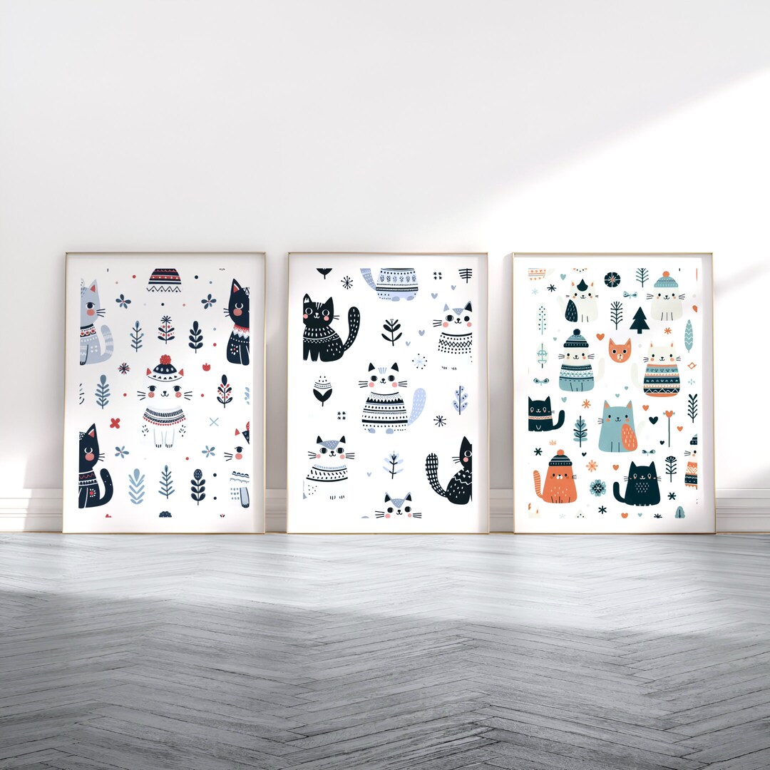 Scandi Cat Print Set - 3 Scandinavian Style Artwork | Retro Wall Art ...