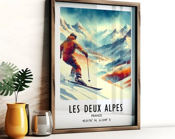 May include: A watercolor illustration of a skier in a bright orange jacket skiing down a mountain slope. The image is titled "Les Deux Alpes" with the text "France 45.0176° N, 6.1249° E" below.