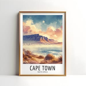 Impression de voyage au Cap - Conception d&#39;affiche aquarelle | Oeuvre d&#39;art murale | Cadeaux Afrique du Sud | Décoration d&#39;intérieur | Cadeau d&#39;art mural | Peinture