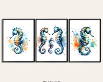 Arte de pared de caballito de mar - Conjunto de 3 carteles Pinturas / Impresiones de vida marina en acuarela / Pinturas / Regalos de acuarela / Decoración de obras de arte / Impresión