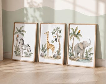 Safari Nursery Prints Set of 3 - Kids Playroom Prints, Elephant Giraffe Zebra Wall Art