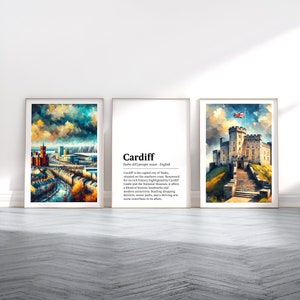 Cardiff Posterdrucke - Set mit 3 Postern | Aquarell Wand Kunst Dekor | Reise Poster | Wales Wandbehang | Kunstwerk Geschenk | UK-Malerei