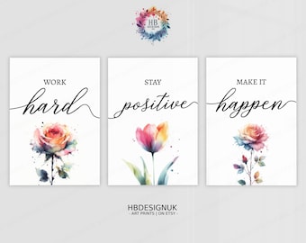 Colourful Home Office Prints - Set of 3 Posters | Minimalist Desk Decor | Work From Home Wall Art | WFH Gifts | Coworker Workplace Pictures