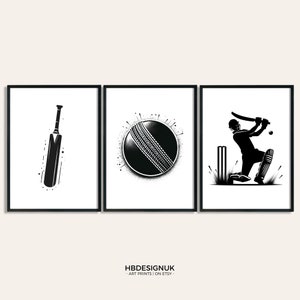 Cricket Poster Print - Set of 3 Cricket Posters | Black Minimalist Cricket Wall Art | Gifts for Cricket Lover | Cricket Room Artwork