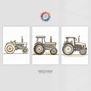 Stampe sull'evoluzione del trattore - Set di 3 poster / Opera d'arte per la camera dei ragazzi / Arte murale della fattoria / Poster dei trattori / Regalo per la decorazione della cameretta dei bambini / Contadino