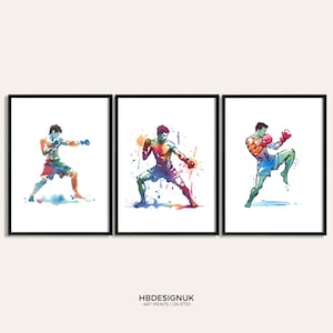 Muay Thai Poster Print Set - 3 Prints | Wall Art Gifts | Boxing Gift | Watercolour Gifts | Martial Arts Decor | Boys Bedroom Artwork