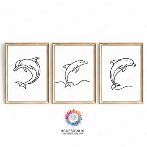 Set di poster minimalisti con delfini - Stampe in bianco e nero / Opere d'arte con delfini / Decorazioni moderne / Arte murale con linee di delfini / Minimalismo astratto