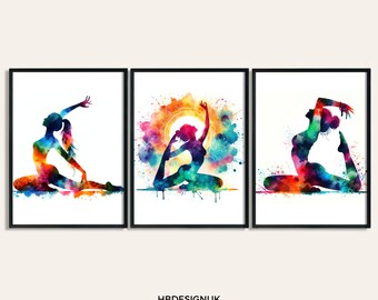 Yoga Poster Set - 3 Watercolour Prints | Yoga Room Print | Art Prints | Office Woman Prints | Meditation Gifts | Pictures | Artwork | Poster