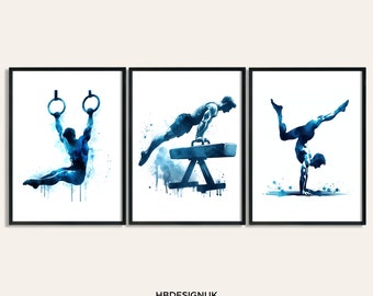 May include: A set of three framed art prints featuring blue watercolor-style illustrations of gymnasts performing on rings, a pommel horse, and a handstand. The text HBDESIGNUK ART PRINTS ON ETSY is printed at the bottom of the display.