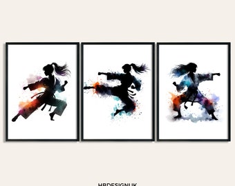 Lámina de karate para dormitorio de niñas - Juego de 3 pósteres de karate / Láminas artísticas en acuarela / Póster decorativo / Cuadros de karate para pared para niños / Regalos de deporte de lucha