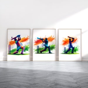 Cricket Print Set - India Flag Watercolour Cricket Poster Prints | Cricket Wall Art | Gift for Cricketer | Cricket Artwork | Boys Room