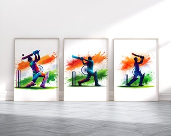 Conjunto de pôsteres de críquete em aquarela com a bandeira da Índia | Arte de parede de críquete | Presente para fã de críquete | Arte de críquete | Quarto de menino