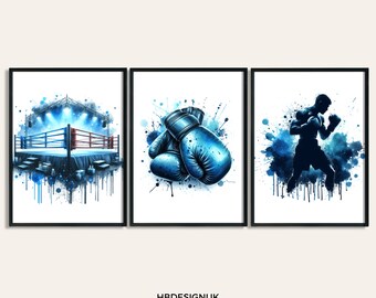 Art mural boxe - Lot de 3 posters Boxer | Poster de boxe bleu aquarelle | Cadeaux de combat de boxe pour hommes | Oeuvre d'art déco pour chambre de garçon