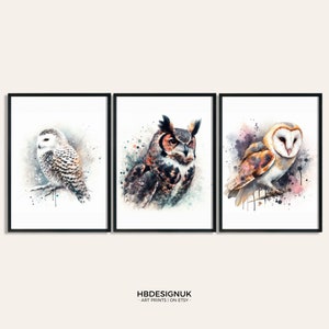 Owl Poster Set - Set of 3 Prints | Watercolour Barn Owl, Snowy Owl, Horned Owl Painting | Present Picture | Animal Wall Art | Wildlife Gifts