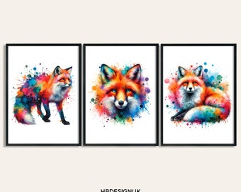 Set di stampe di poster di volpi colorate - 3 stampe ad acquerello / Arte murale di volpi / Decorazioni artistiche / Arte murale di animali vivaci / Regali per gli amanti delle volpi / Regalo
