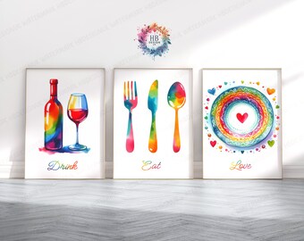 Kitchen Dining Print - Set of 3 Prints | Colorful Watercolor Posters | Food & Drink Wall Art | Kitchen Home Decor | Pictures for Dining Room