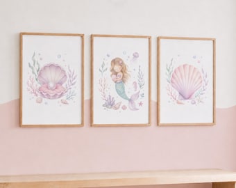 Mermaid Nursery Print Set - 3 Girls Bedroom Prints, Under the Sea Girl Decor