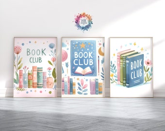 Book Club Print Set - Set of 3 Posters | Watercolour Reading Design | Home Library Decor | Bedroom Wall Art |  Books Lover | Bookish Gift