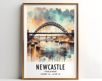 Newcastle Travel Print - Watercolour Poster Design | Travel Wall Artwork | Newcastle Upon Tyne Bridge Gifts | Home Decor | Wall Art | A3&A4