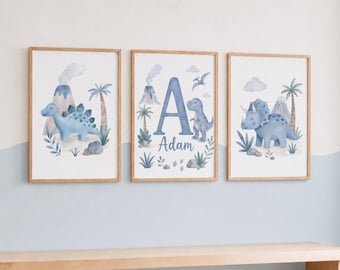 Blue Dinosaur Print Set - 3 Personalised Bedroom Prints, Custom Dino Boys Room Decor