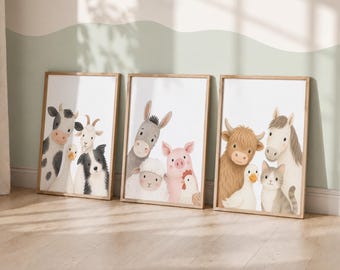 Farm Animal Nursery Print Set of 3 - Kids Farmyard Playroom Decor, Bedroom Wall Art