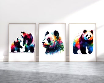 Posterset met pandaprint - 3 ontwerpen | Aquarel pandabeerprint | Wanddecoratie | Muurkunst dieren | Cadeaus voor wilde dieren | Kunstwerkfoto's