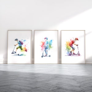 Juego de impresiones de patinetes para niños: juego de 3 carteles de skate park, pintura de acuarela, decoración de dormitorio para niños, regalos de arte de pared para patinetes, obras de arte