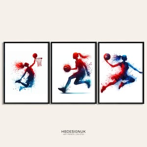 Girls Basketball Print Set - Set of 3 Basketballer Posters | Watercolour Wall Art | Women Prints | Sports Decor | Wall Art Female Artwork