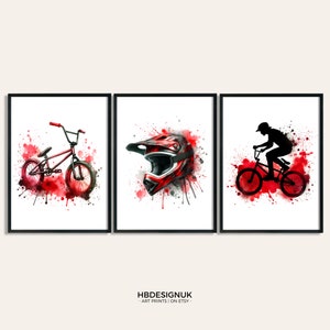 BMX Wall Art - Set of 3 Red Prints | BMX Poster Bedroom Decor | Gift for BMXing | Bike Artwork | Biking Watercolour Wall Art Images