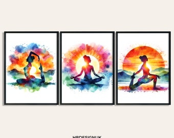 Juego de arte de pared de yoga: 3 carteles de amanecer / Impresión de sala de yoga / Impresiones de arte / Impresiones de mujer de oficina / Regalos de meditación / Imágenes / Obras de arte / Póster