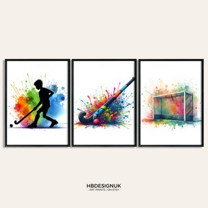 Hockey Gifts for Boys - Set of 3 Hockey Art Prints | Watercolour Hockey Wall Art | Boys Poster Hockey Player | Hockey Decor Room Artwork