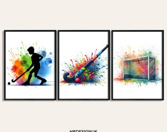 Regalos de hockey para niños - Conjunto de 3 impresiones de arte de hockey / Arte de pared de hockey de acuarela / Póster de niños Jugador de hockey / Arte de la sala de decoración de hockey