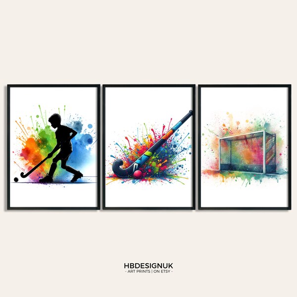 Hockey Gifts for Boys - Set of 3 Hockey Art Prints | Watercolour Hockey Wall Art | Boys Poster Hockey Player | Hockey Decor Room Artwork