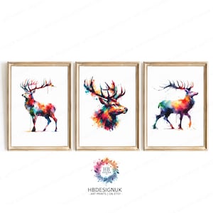 Watercolour Stag Print Set - Colourful Prints | Stag Deer Artwork | Modern Decor | Farmhouse Decor Wall Art  | Abstract Country Home Poster