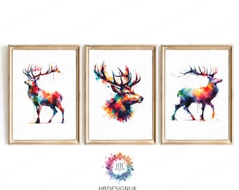 Watercolour Stag Print Set - Colourful Prints | Stag Deer Artwork | Modern Decor | Farmhouse Decor Wall Art  | Abstract Country Home Poster