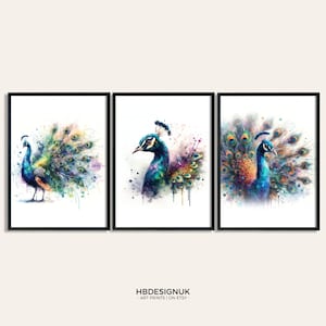 Conjunto de impressão de pavão - Conjunto de 3 pôsteres | Pintura em aquarela | Imagem em aquarela | Arte de parede com retrato de pavão | Presentes de arte | Decoração de pavão