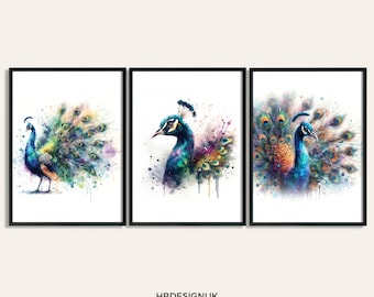 孔雀の壁アート、孔雀のアート、孔雀のプリント、孔雀の水彩画