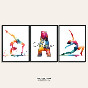 Personalised Gymnastics Prints - Set of 3 Posters | Boys Girls Bedroom Decor | Custom Gymnastic Wall Art | Kid Room Decor | Watercolour Gift
