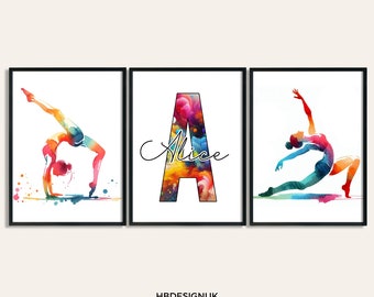 Personalised Gymnastics Prints - Set of 3 Posters | Boys Girls Bedroom Decor | Custom Gymnastic Wall Art | Kid Room Decor | Watercolour Gift