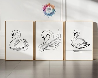 Minimalist Swan Print Set - Wall Art | White Swan Animal Illustration | Swan Drawing Decor | Modern Sketch Artwork | Abstract Swans Prints
