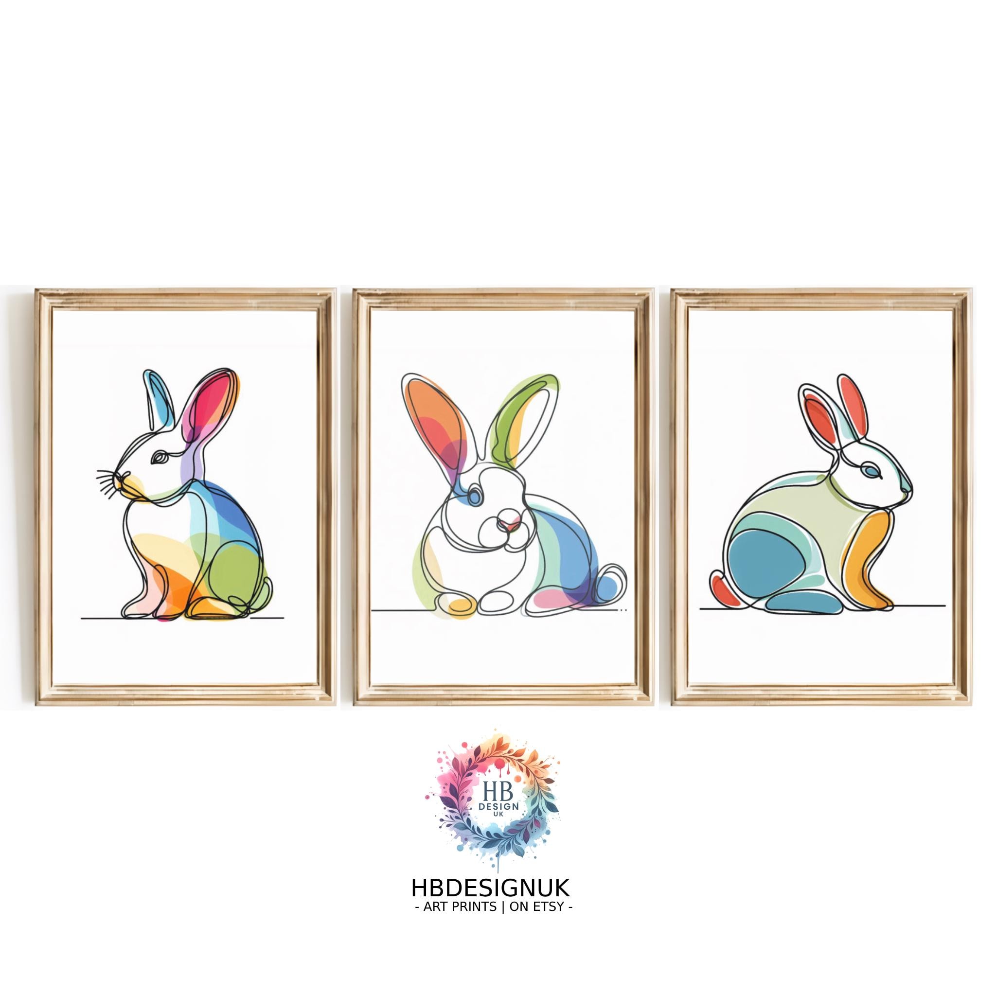 Multicolour Rabbits Colourful Rabbit Line Art Set of 3 | Modern Bunny Wall Prints ...