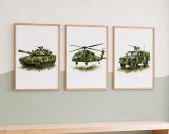 Military Prints Set of 3 - Army Vehicle Wall Art, Truck Nursery Decor, Boys Bedroom