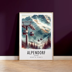 Alpendorf Ski Poster - Watercolour Art Print  | Travel Wall Artwork | Skiing Gifts | Austrian Alps Decor | Ski Resort | Snowboard Gift
