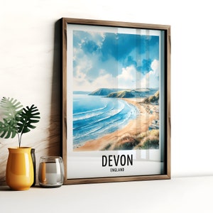 Devon Travel Print - Watercolour Poster Design | Wall Artwork | Coast UK Gifts | Home Decor | Wall Art Gift | England Beach Picture