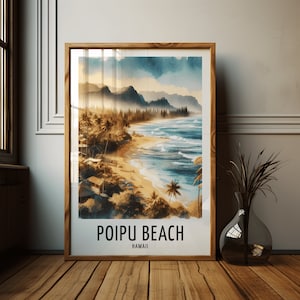 Poipu Beach Travel Poster Print - Watercolour Design | Wall Artwork | Kauai Holiday Gifts | Home Decor | Wall Art Gift | Painting Picture