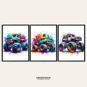 May include: Three watercolor paintings of monster trucks with colorful paint splatters in the background. The trucks are blue, green, and black with large tires.