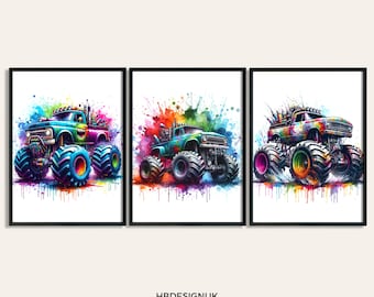 May include: Three watercolor paintings of monster trucks with colorful paint splatters in the background. The trucks are blue, green, and black with large tires.