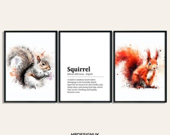 Squirrel Poster Set - Set of 3 Prints | Watercolour Red Squirrel Print | Wall Hanging Decor | British Wildlife Wall Art | Gifts | Artwork