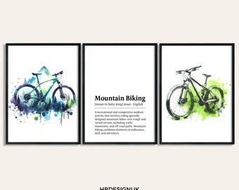 Mountain Bike Poster Set - Set of 3 Prints | Watercolor Painting | Watercolour Picture | Biker Wall Art | Biking Gifts | Mountain Bike Decor