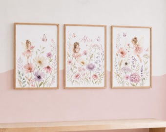 Girls Fairy Nursery Prints - Set of 3 Personalised Girl Bedroom Decor, Whimsical Wall Art